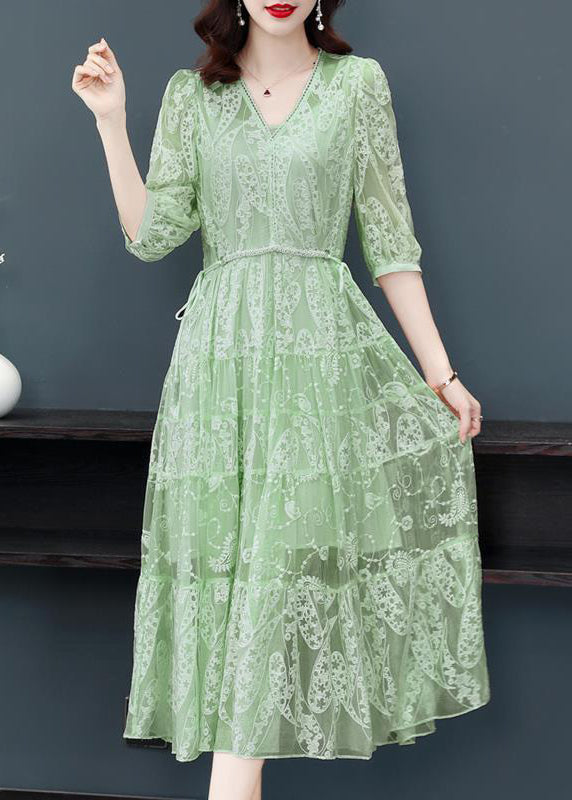 Italian Green Lace Up Embroideried Lace Dress Summer