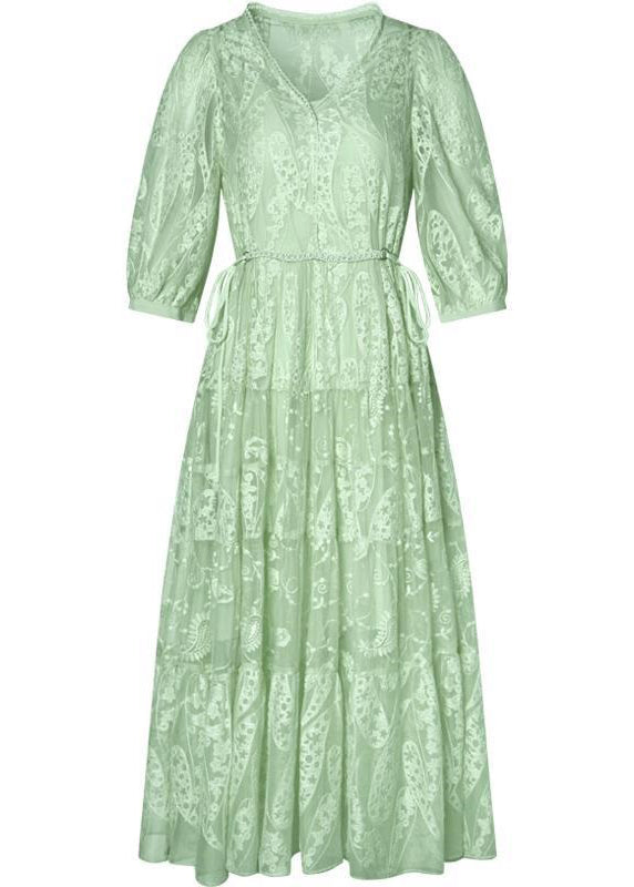 Italian Green Lace Up Embroideried Lace Dress Summer