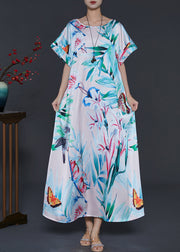 Italian Green Leaf Print Silk Maxi Dresses Summer