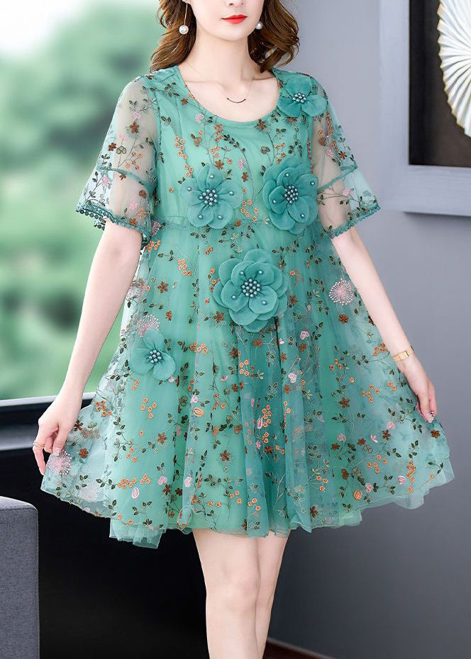 Italian Green O Neck Embroidered Tulle Mid Dress Summer