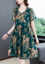 Italian Green O-Neck Print Holiday Long Dress Summer