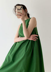 Italian Green O Neck Wrinkled Patchwork Cotton Dress Sleeveless