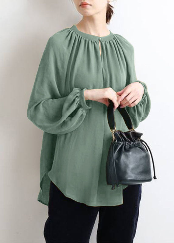 Italian Green O Neck Wrinkled Silk Blouse Tops Spring