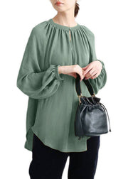 Italian Green O Neck Wrinkled Silk Blouse Tops Spring