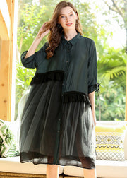 Italian Green Oversized Patchwork Ruffles Cotton Dress Half Sleeve