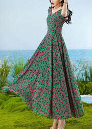 Italian Green Patchwork High Waist Chiffon Maxi Dress Short Sleeve