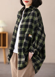 Italian Green Peter Pan Collar Oversized Plaid Cotton Shirt Top Spring