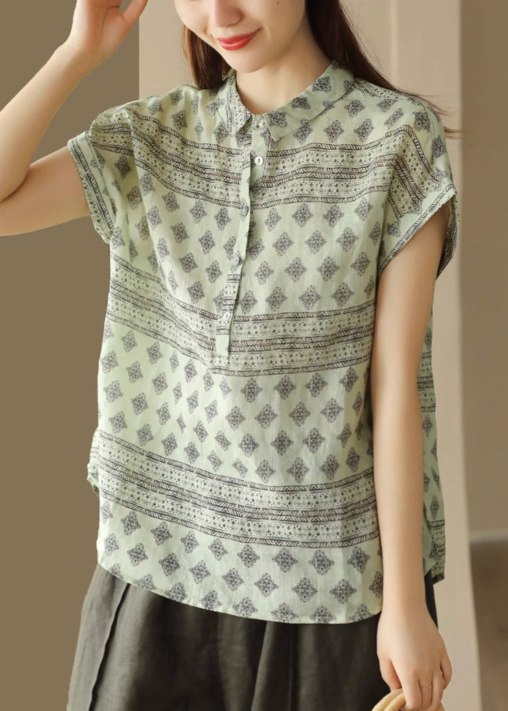 Italian Green Peter Pan Collar Print Patchwork Linen Shirt Summer