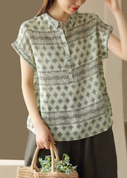 Italian Green Peter Pan Collar Print Patchwork Linen Shirt Summer