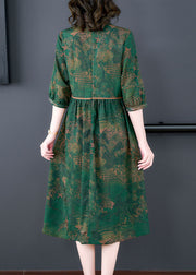 Italian Green Peter Pan Collar Print Wrinkled Patchwork Silk Dresses Summer