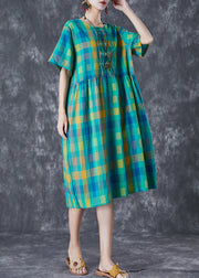 Italian Green Plaid Wrinkled Linen Vacation Dresses Summer