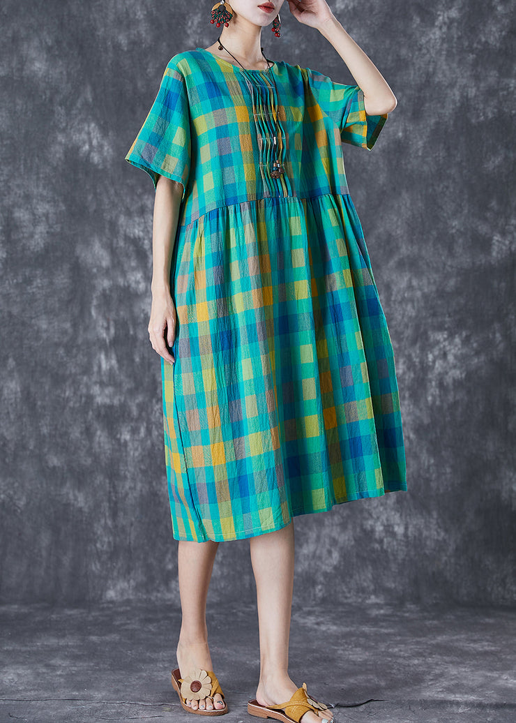 Italian Green Plaid Wrinkled Linen Vacation Dresses Summer