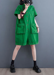 Italian Green Pockets Patchwork Denim Shorts Jumpsuits Summer