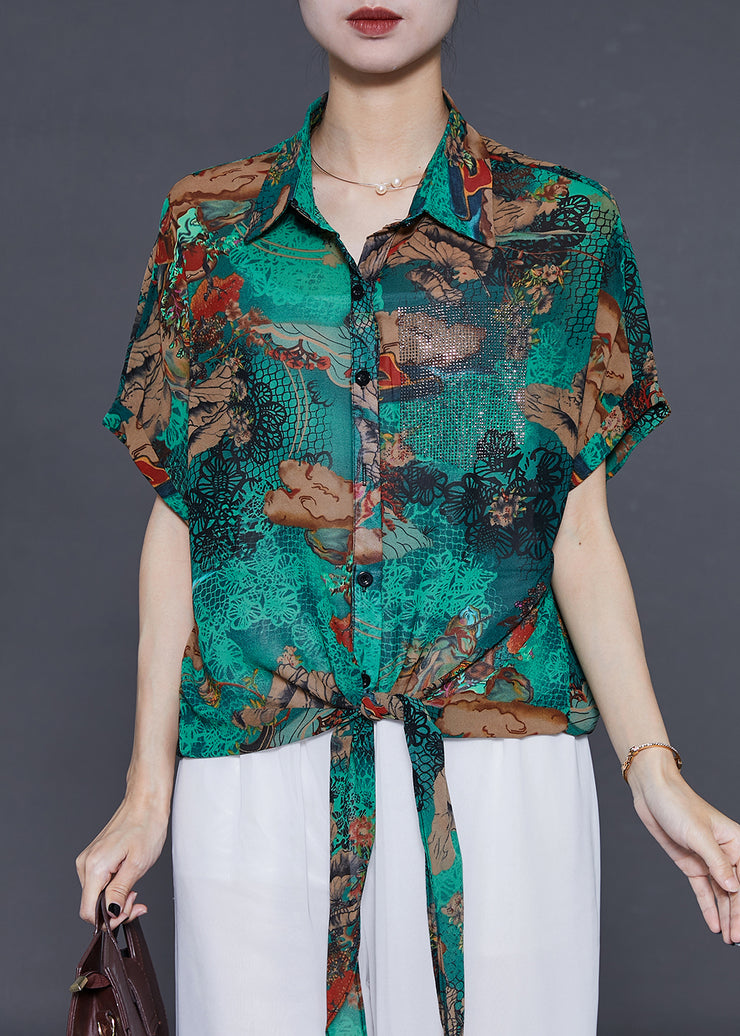 Italian Green Print Lace Up Chiffon Shirt Top Summer