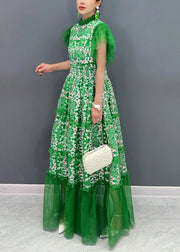 Italian Green Print Ruffled Patchwork Tulle Dresses Butterfly Sleeve