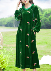 Italian Green Ruffled Embroideried Patchwork Silk Velour Dresses Fall