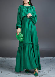 Italian Green Ruffled Pockets Tie Waist Cotton Maxi Dress Fall