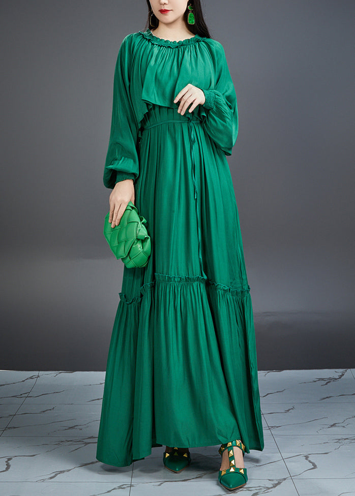 Italian Green Ruffled Pockets Tie Waist Cotton Maxi Dress Fall