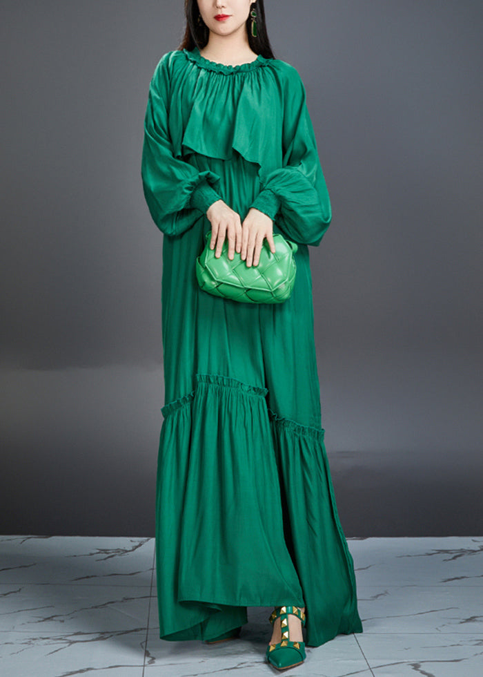 Italian Green Ruffled Pockets Tie Waist Cotton Maxi Dress Fall