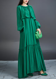 Italian Green Ruffled Pockets Tie Waist Cotton Maxi Dress Fall