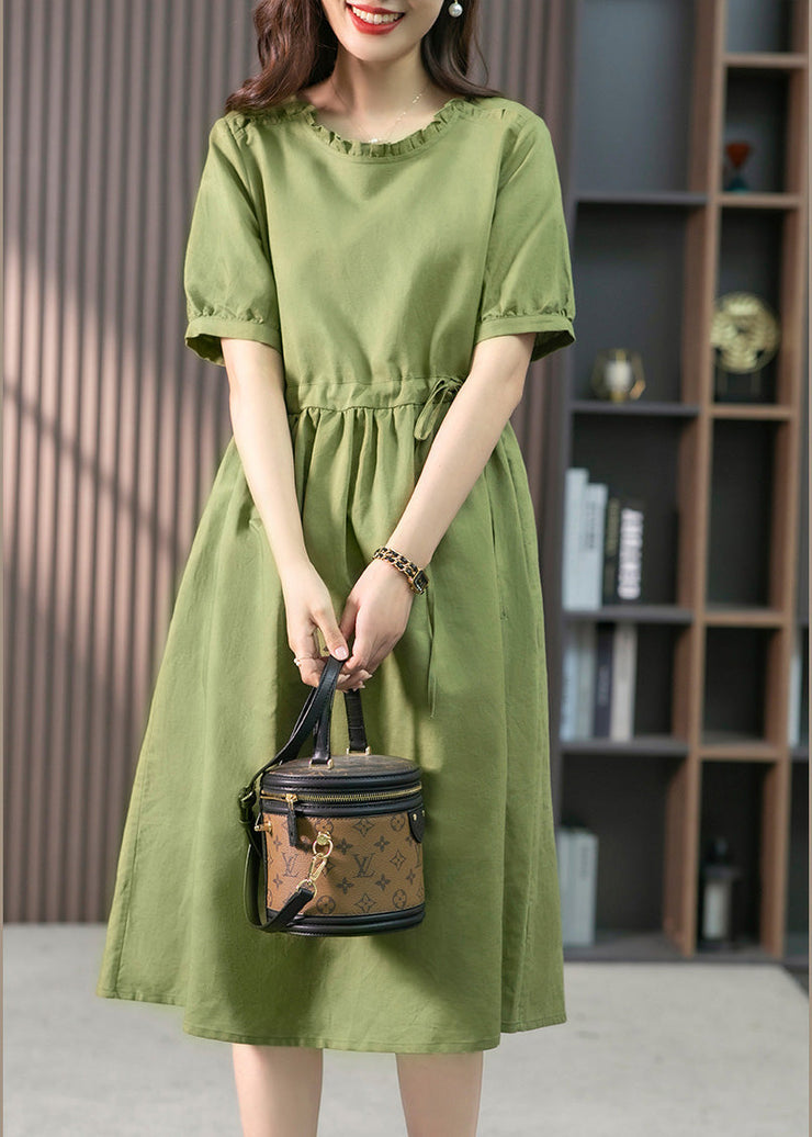 Italian Green Ruffled Solid Linen Long Dresses Summer