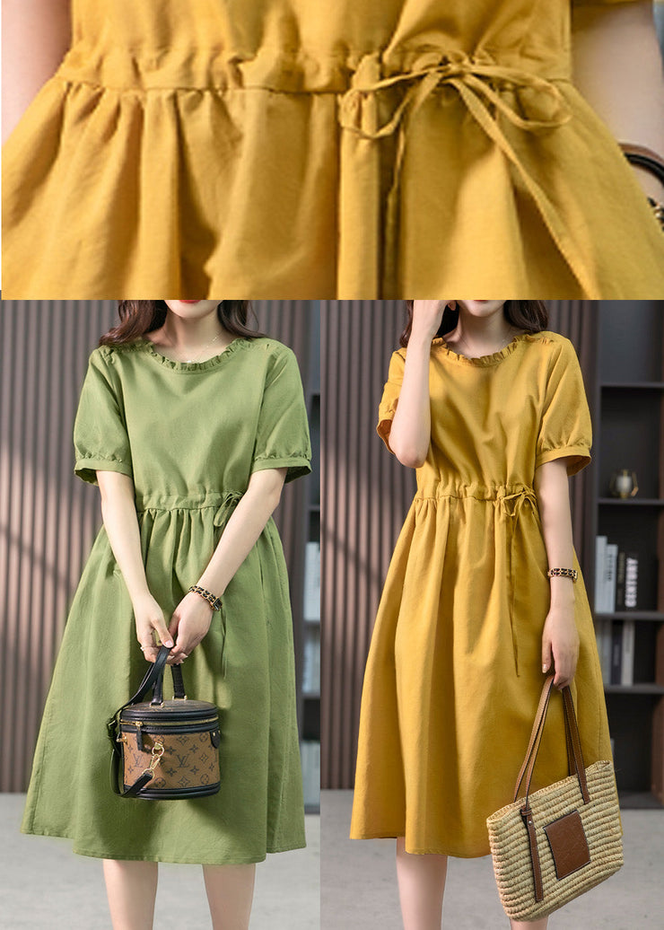 Italian Green Ruffled Solid Linen Long Dresses Summer