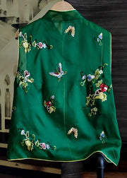 Italian Green Stand Collar Patchwork Embroideried Silk Vest Sleeveless