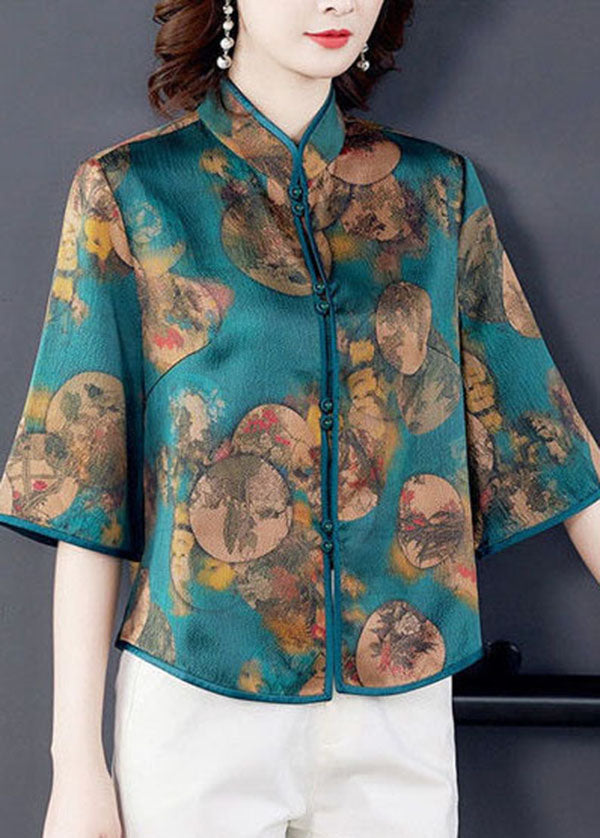 Italian Green Stand Collar Print Silk Blouse Tops Half Sleeve