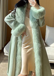 Italian Green Tie Waist Woolen Long Coats Winter