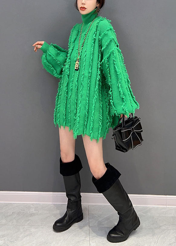 Italian Green Turtle Neck Oversized Tassel Knit Top Lantern Sleeve