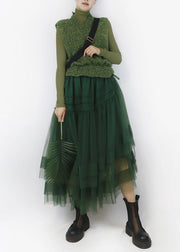 Italian Green V Neck Asymmetrical Tulle Patchwork Knit Long Dress Fall