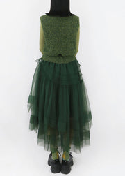 Italian Green V Neck Asymmetrical Tulle Patchwork Knit Long Dress Fall