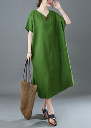 Italian Green V Neck Embroideried Patchwork Linen Long Dresses Summer