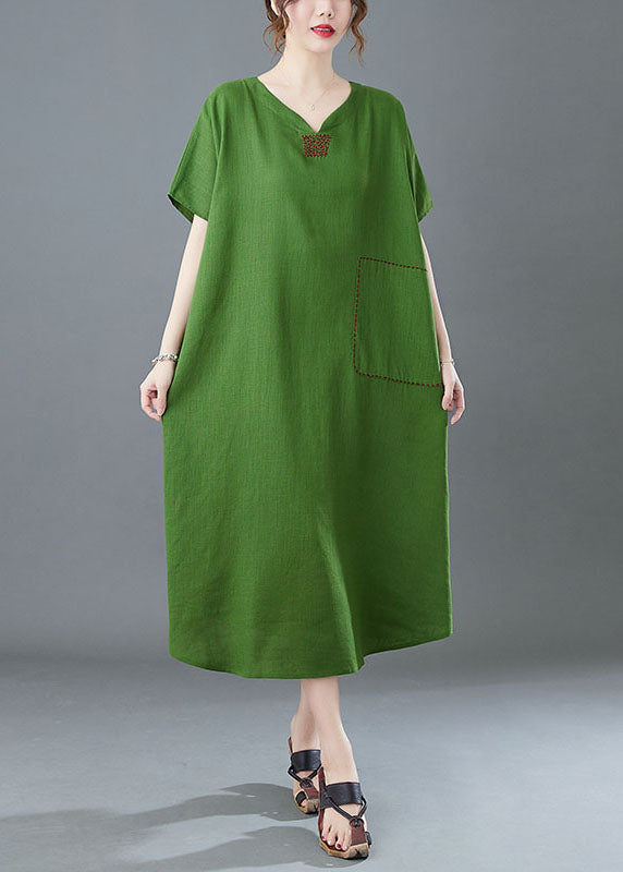 Italian Green V Neck Embroideried Patchwork Linen Long Dresses Summer