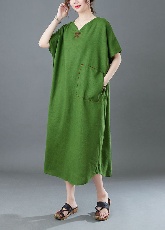 Italian Green V Neck Embroideried Patchwork Linen Long Dresses Summer