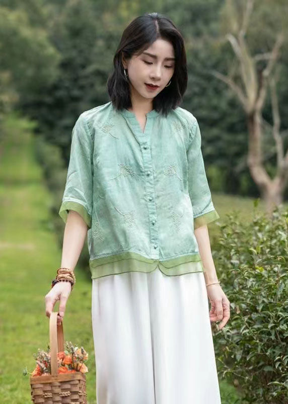 Italian Green V Neck Embroideried Tulle Patchwork Linen Tops Summer