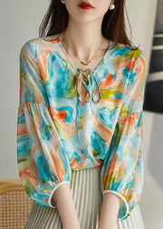 Italian Green V Neck Print Neck Tie Chiffon Shirt Spring