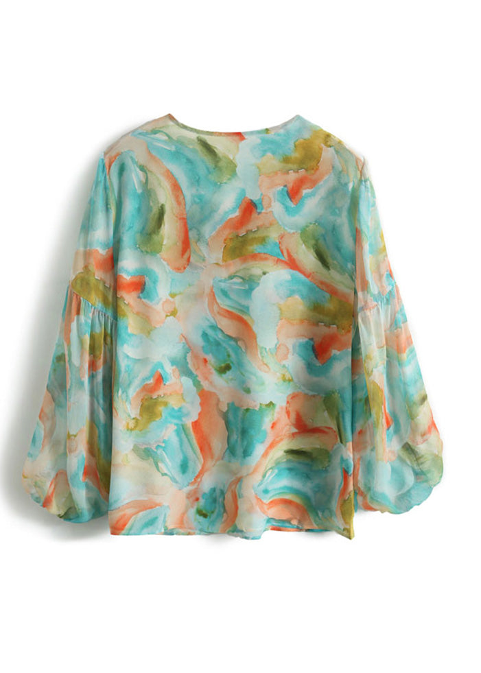 Italian Green V Neck Print Neck Tie Chiffon Shirt Spring