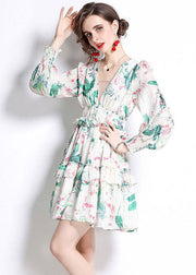 Italian Green V Neck Ruffled Print Patchwork Chiffon Mid Dress Fall