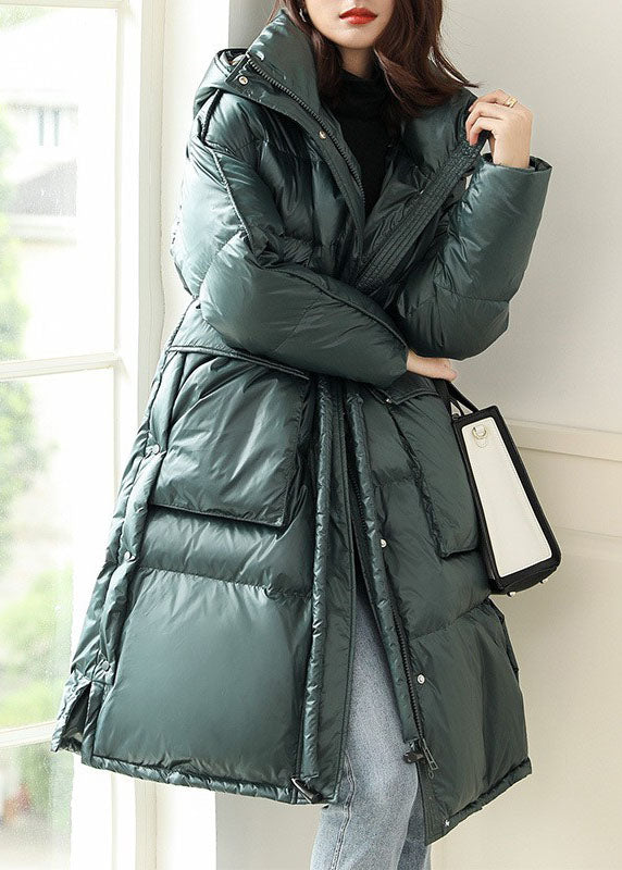 Italian Green Zip Up Drawstring Hooded Patchwork Duck Down Puffer Jacket Winter