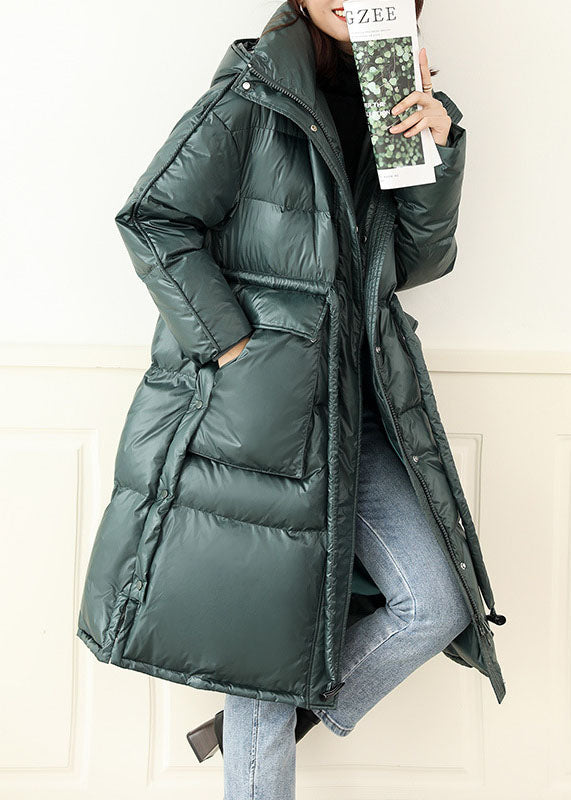 Italian Green Zip Up Drawstring Hooded Patchwork Duck Down Puffer Jacket Winter