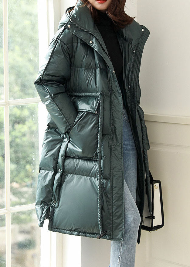 Italian Green Zip Up Drawstring Hooded Patchwork Duck Down Puffer Jacket Winter