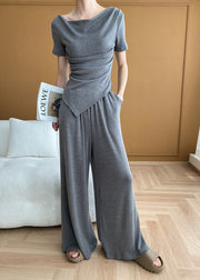 Italian Grey Cold Shoulder Asymmetrical Knit Two Pieces Set Summer