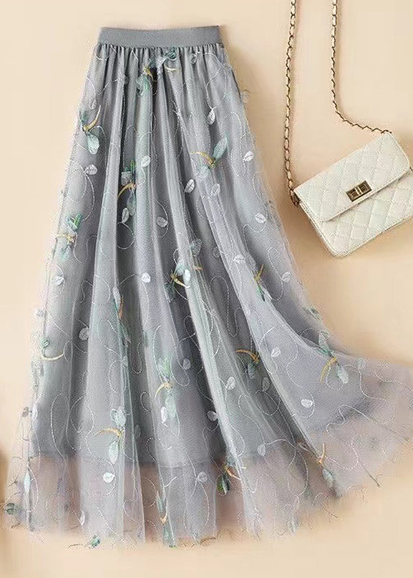 Italian Grey Embroidered Wrinkled Elastic Waist Tulle Skirts Spring