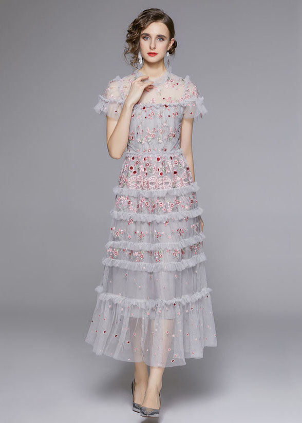 Italian Grey Embroideried Ruffled Patchwork Tulle Long Dresses Summer