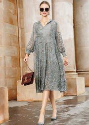 Italian Grey Hooded Embroideried Patchwork Tulle Dresses Spring