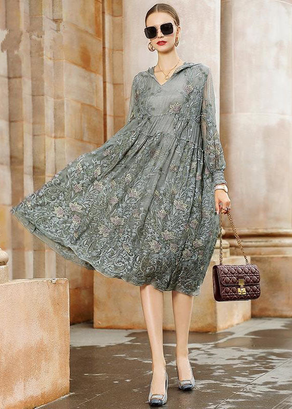 Italian Grey Hooded Embroideried Patchwork Tulle Dresses Spring