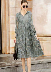 Italian Grey Hooded Embroideried Patchwork Tulle Dresses Spring