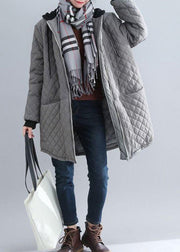 Italian Grey Hooded Pockets Patchwork Fine Cotton Filled Coat Winter