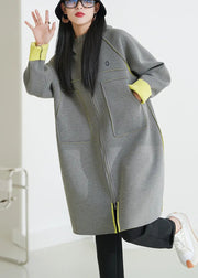 Italian Grey Hooded Pockets Side Open Cotton Coats Fall